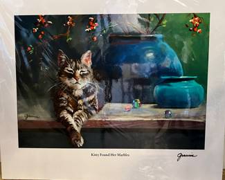 Unframed signed lithograph "Kitty Found Her Marbles"