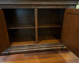 G39 - $625. Palermo Credenza with Marquetry Detail by Emerson Furniture (Furnitureland South) Measures 72" wide x 16.5" deep x 32" tall. Each side has 1 adjustable shelf.