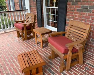 H28 - $175 EACH set. Centerville Amish Gliding Chairs with cushions- Ottomans are from the Alaska Stove Company. 2 sets available.