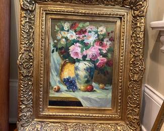 H16 - $65 - Framed Floral Painting measures 22" x 26.5". Signed Hartman