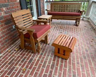 H28 - $175 EACH set. Centerville Amish Gliding Chairs with cushions- Ottomans are from the Alaska Stove Company. 2 sets available. 2 side tables also available - $60 EACH. Centerville Amish Heavy Duty - Treated wood.