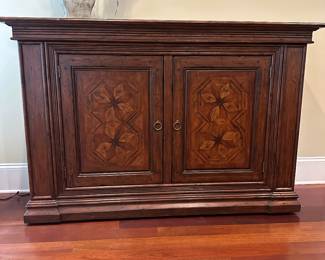 G39 - $625. Palermo Credenza with Marquetry Detail by Emerson Furniture (Furnitureland South) Measures 72" wide x 16.5" deep x 32" tall. Each side has 1 adjustable shelf.