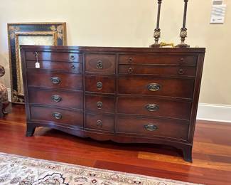 G31 - $225. White Furniture - Mebane NC Dresser with Mirror. Measures 22.5" deep x 63" wide x 36.5" tall. Mirror is 49" x 34". Overall very good vintage condition. All drawers slide.