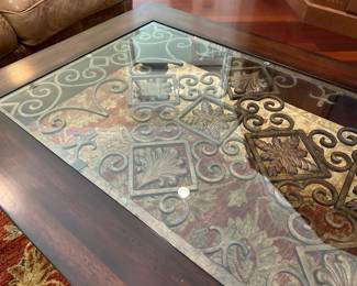 G23 - $95. Glass Top Coffee Table. Measures 30" wide x 53" long x 17" tall. Lexington Home brand.