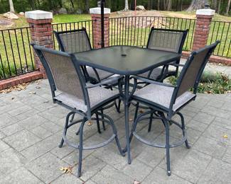 G41 - $150. Square Bar Height Patio Set with swivel chairs. Umbrella included if you want it - still works but has minor storm damage.