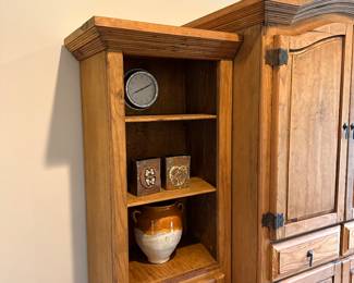 G7 - $300. Mexican Pine - 3 pc. Rustic Armoire and side bookcases. Measures 101.5" wide with all 3 pieces. (Middle piece is 26.5" deep x 48.5" wide x 80.5" tall) (Both side pieces measure 18.5" deep x 26.5" wide x 72" tall)