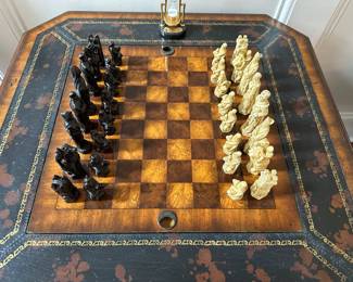 G19 - $950. Maitland Smith Choate Game Table. Measures 32" square x 30" tall. Legs have been repaired - see photos. Game pieces NOT included.
