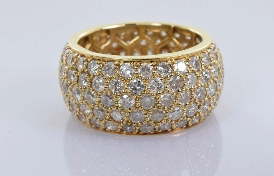 Diamond Pave Cigar Band in 14k Yellow Gold 5 Rows 140 Diamonds 4.20 Carats Sz 6 -- $2500