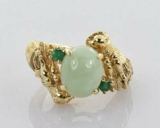 Vintage MEDA Jadeite and Emerald Dragon Ring 14k Yellow Gold 5.01 Carats Size 7 -- $450