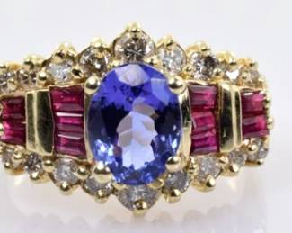 Tanzanite Ruby and Diamond Ring in 14k Yellow Gold 2.42 Carats Size 8 -- $850