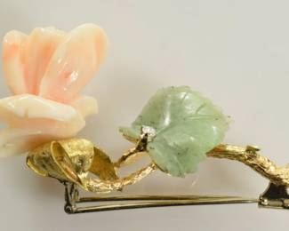 Angel Skin Coral Nephrite and Diamond Rose Brooch in 18k Yellow Gold -- $300