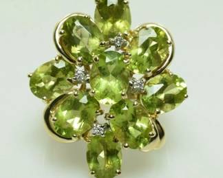 Vintage Peridot and Diamond Cluster Ring in 14k Yellow Gold 8.14 Carats Size 6 -- $420