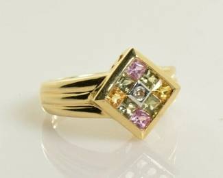 Pastel Gemstone Ring in 14k Yellow Gold Diamond Peridot Topaz Citrine Size 7 -- $320