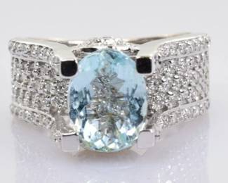 Aquamarine & Diamond Ring 18k White Gold 1.91 Carats Size 4.75 -- $800