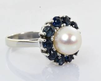 Pearl and Sapphire Ring in 14k White Gold Size 7.5 -- $400