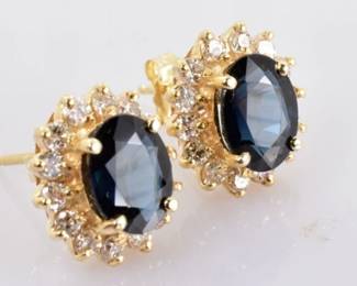 Sapphire and Diamond Halo Stud Earrings in 14k Yellow Gold 3.36 Carats -- $650