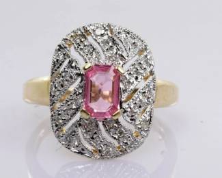 Pink Sapphire and Diamond Shield Ring in 14k Yellow Gold .76 Carats Size 7 -- $350