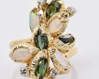 Vintage Opal Tourmaline & Diamond Ring in 14k Yellow Gold 1.24 Carats Size 5.5 -- $420