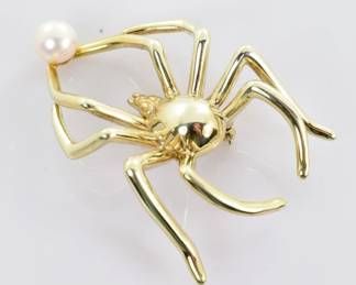 Large Spider with Pearl Brooch in 14k Yellow Gold -- $600
