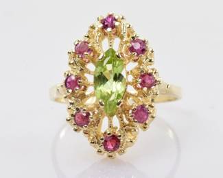 Peridot and Tourmaline Ring in 14k Yellow Gold 1.01 Carats Size 7.5 -- $350