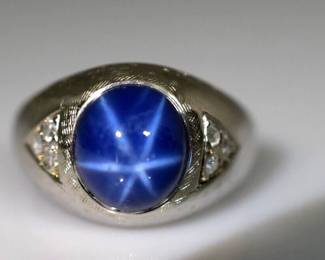 Star Sapphire and Diamond Ring in 14k White Gold 6.02 Carats Size 8 -- $350