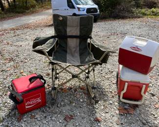 3 Bass Pro Collapsible Rocker & 3 Coolers