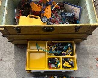 VTG Wooden Chest Toy Box with K'Nex, Lego, & More