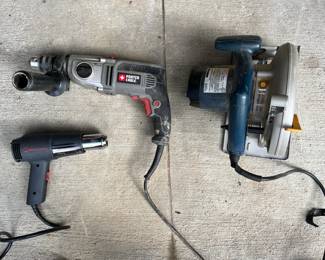 - Ryobi Circular Saw - 12amp - 7.25" - model #csb121 
- Porter Cable Hammer Drill - Model #pc70thd - 
- Milwaukee Heat Gun - works