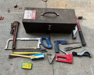 Vintage Metal Toolbox w/ Hand Saws, Blades & More