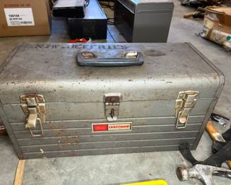 Metal Craftsman Tool Box, Hammers, Pipe Wrench +
