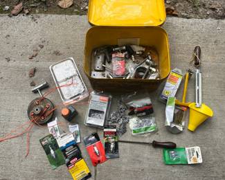 Metal Box w/ Chainsaw & Weed Eater Accessories