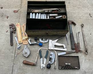 Vintage Metal Toolbox - Sockets, Chalk Box, & More