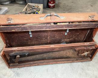 Antique Metal Covered Wood Toolbox with Tools