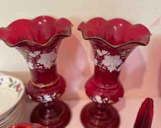 Pair of Bohemian Style Ruby Cut-to-Clear Footed Vase Etched White Flowers