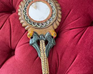 Vintage Hand Carved Wood Handheld Mirror