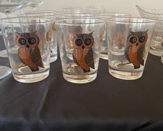 MCM Couroc Glassware Owl & Moon Highball Glasses Black & Gold - Set of 8 -