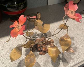 Copper Flower/Leaves Sculpture on Wood Base - Artist Signed 