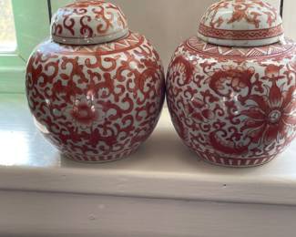 Chinese Red & White Porcelain Ginger Jar - Set of 2 -