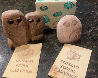 Vintage Russian Stone Carvings, Decorative Figurine Owls, Handcrafted Soapstone and  Owl Ural Mountains Gypsum Travertine