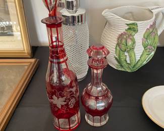 Vintage Bohemian Ruby Red Cut To Clear Czech  Decanter