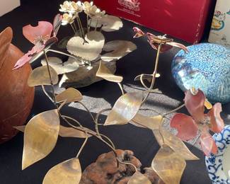 Vintage Copper Flower/Leaves Sculpture On Wood Base - Artist Signed 