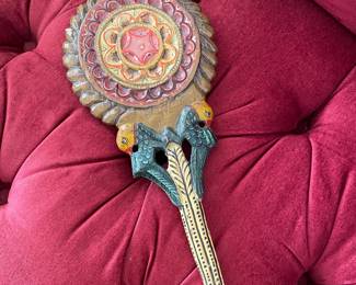 Vintage Hand Carved Wood Handheld Mirror