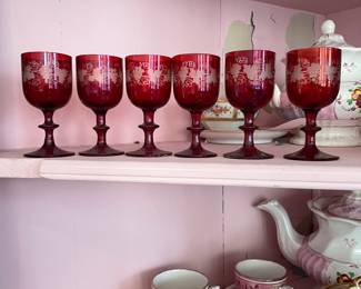 Mini Shreve Crump & Low Bohemian Ruby Red Cut to Clear Port Glass~Grape Etched - Set of 6 - 