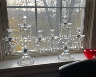 Antique Heisey 3 Lite Candelabra Bobeche Crystal Prisms Candle Light Holder 15" - Set of 2 - 