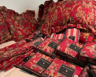 Vintage Ralph Lauren Danielle Red Floral Bedding, Drapries, Shams, Pillows 