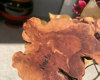 Copper Flower/Leaves Sculpture on Wood Base - Artist Signed 