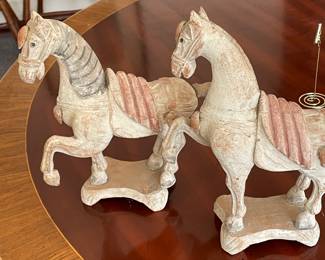 Pair of Chinese Carved Painted Wooden Horses 