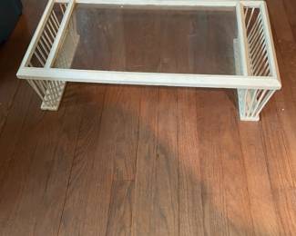 Vintage Cottage Coastal Glass Top Wood Bed Tray with Side Pockets
