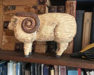 Vintage Carved Wooden Ram Figurine 