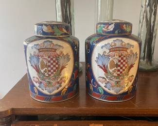Vintage Neiman Marcus Ginger Jar Hand Painted Porcelain With Lid - Set of 2 - 
